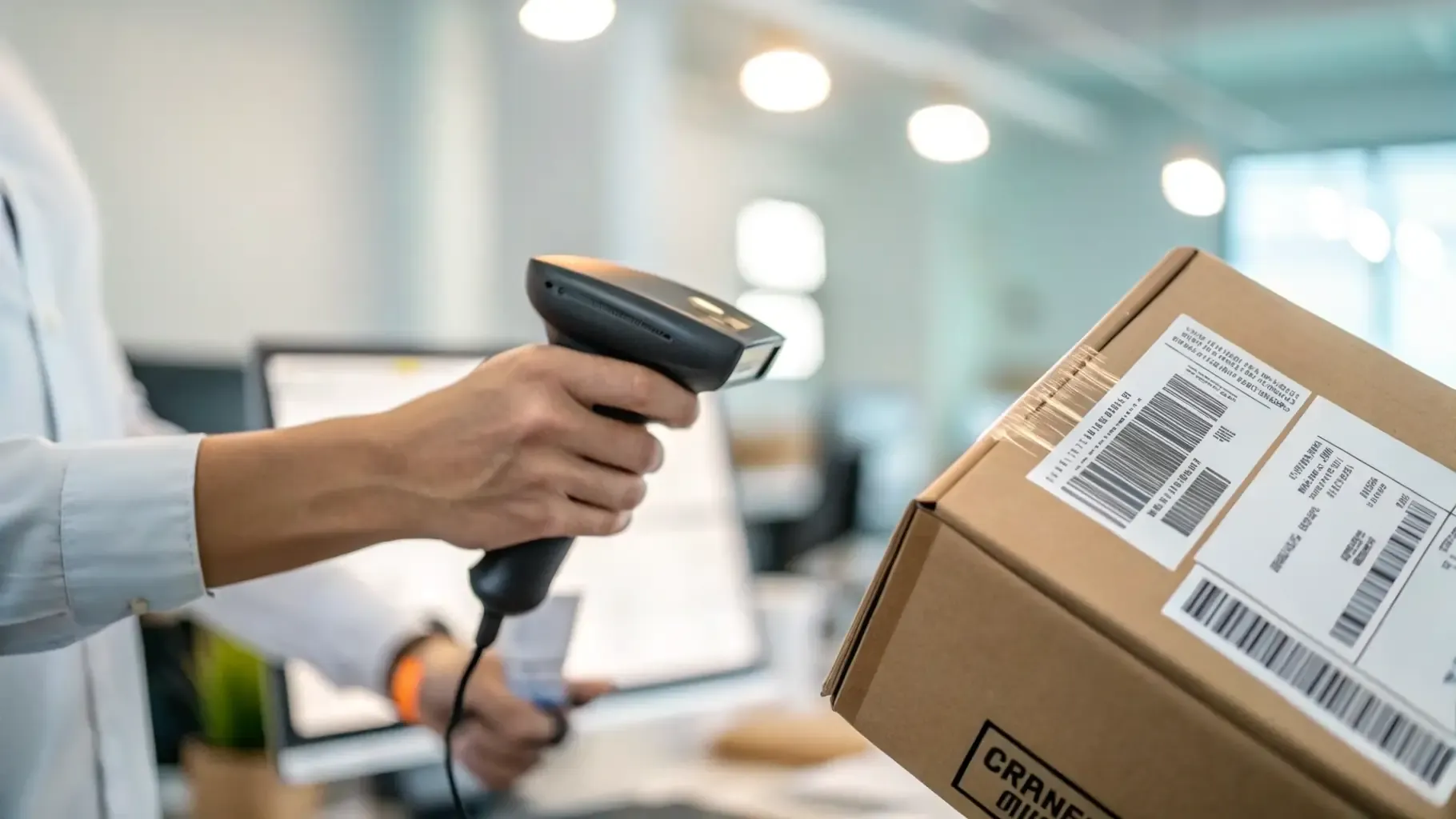 Warehouse associate scanning the barcode label on a shipping box