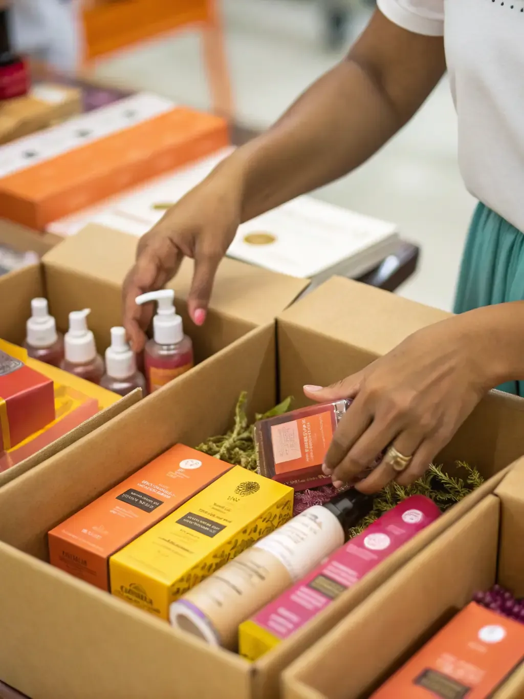Hands assembling a beauty gift box with skincare and cosmetic products