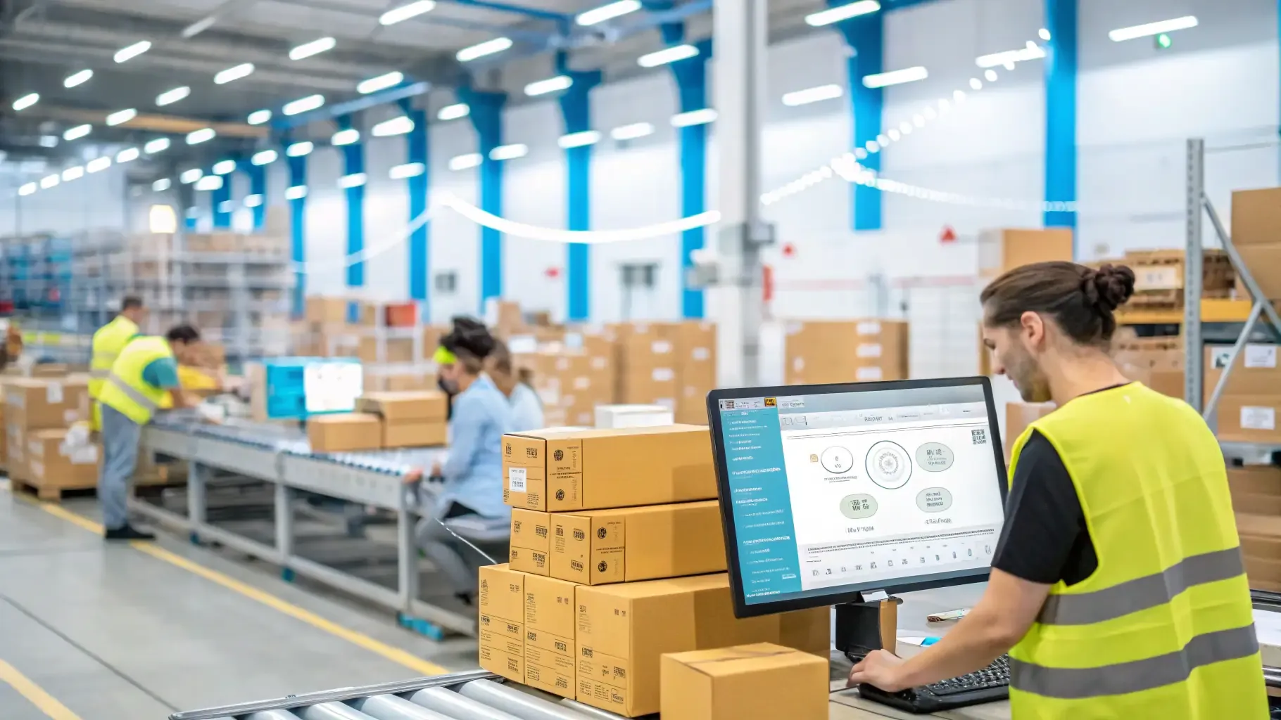Fulfillment associates packing apparel orders at a busy e-commerce packing line