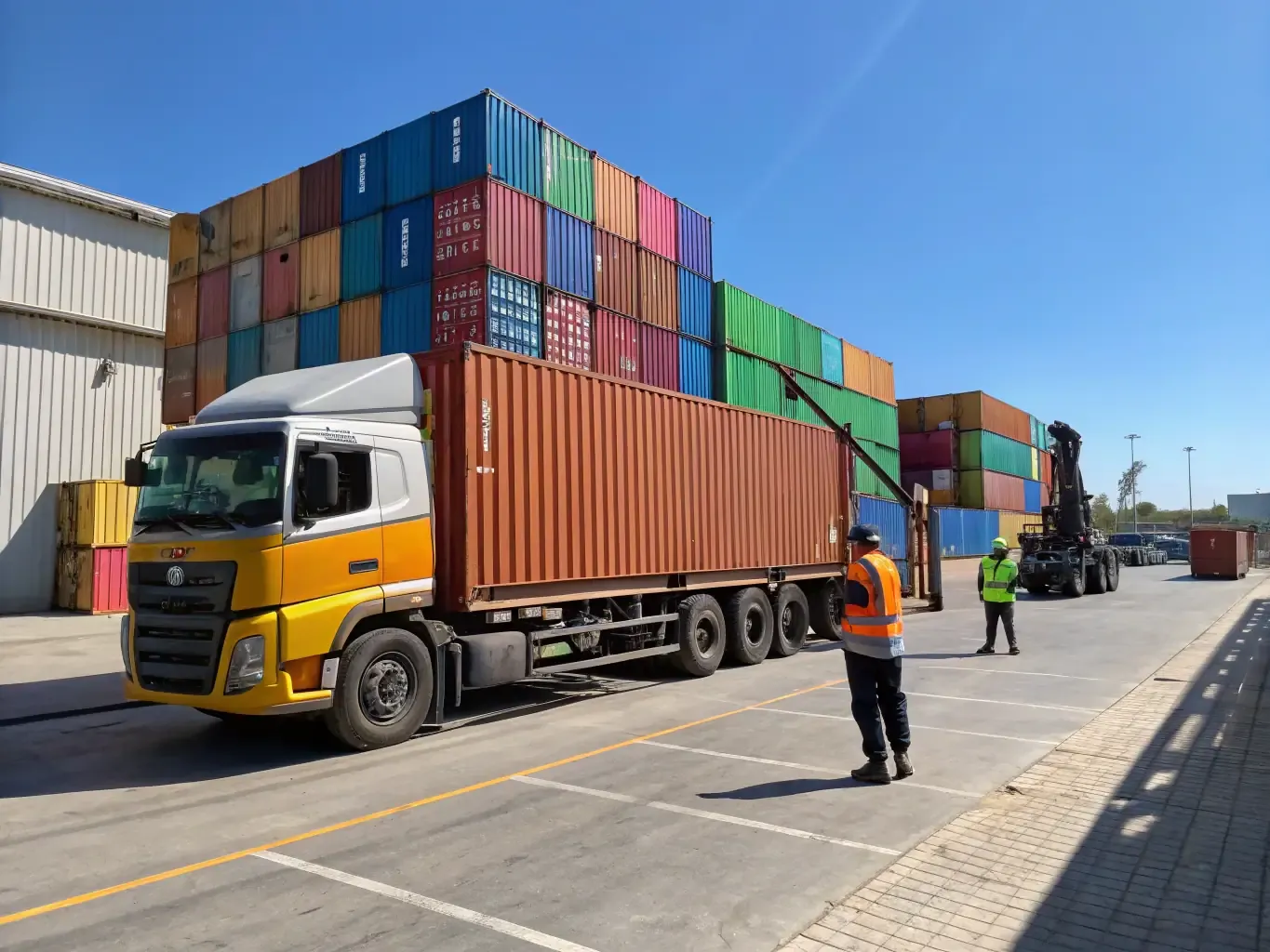 Truck carrying a shipping container through a container yard