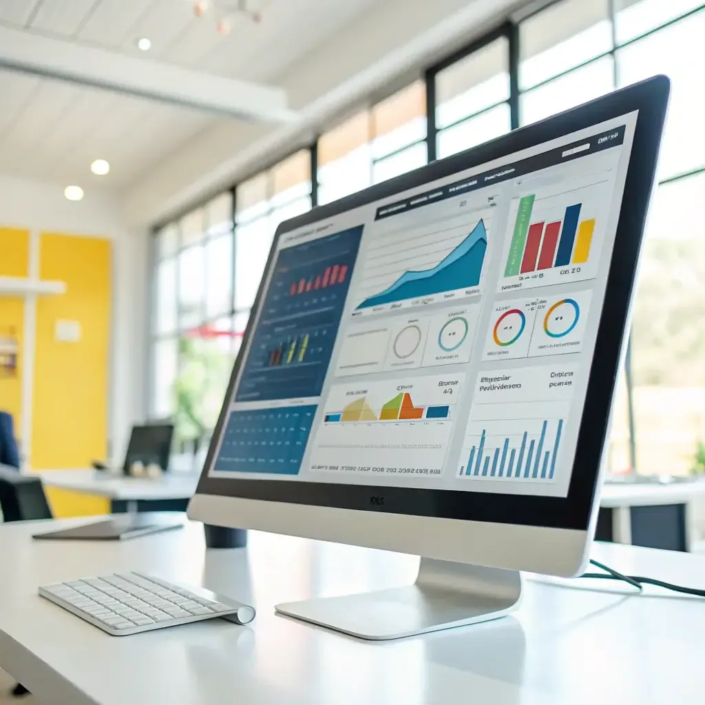 Computer screen showing inventory analytics charts in a bright office