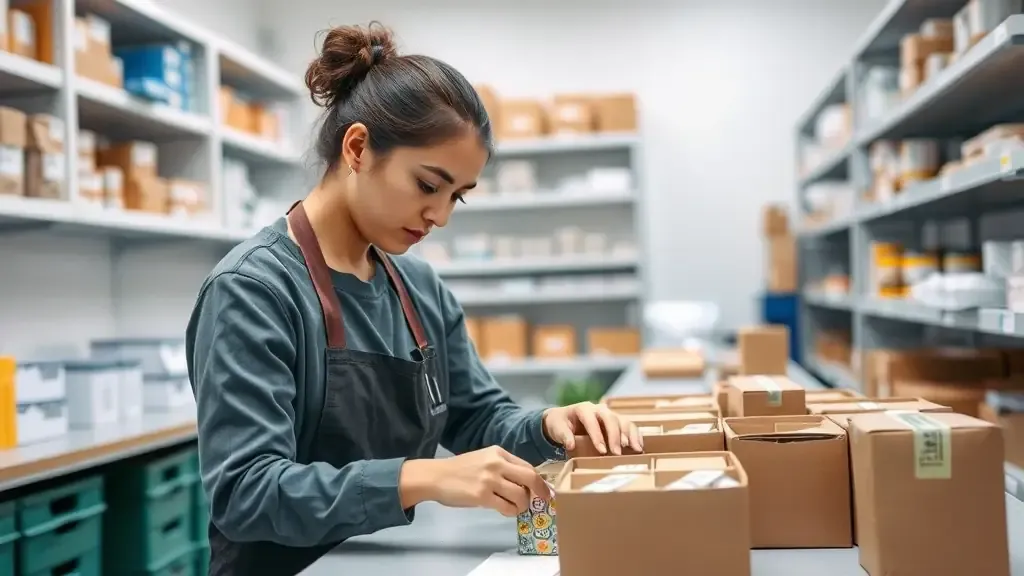 Fulfillment associate carefully packing small beauty products into shipping boxes