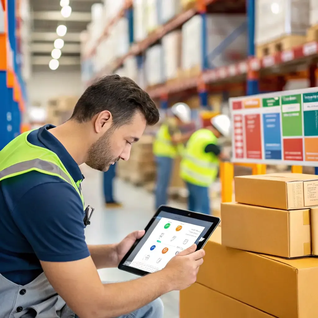 Fulfillment associate reviewing order data on a tablet in a warehouse