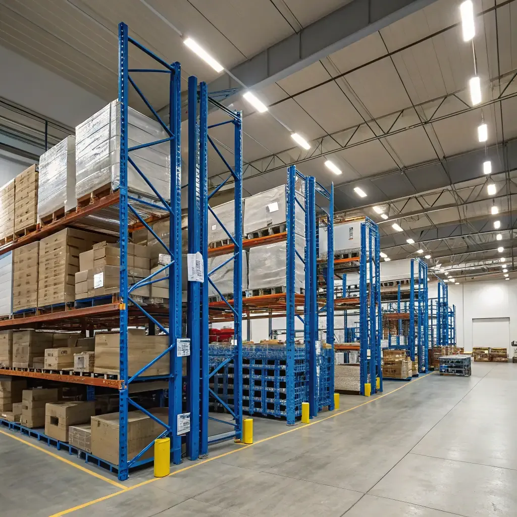 Blue pallet racking holding boxed inventory in a secure warehouse