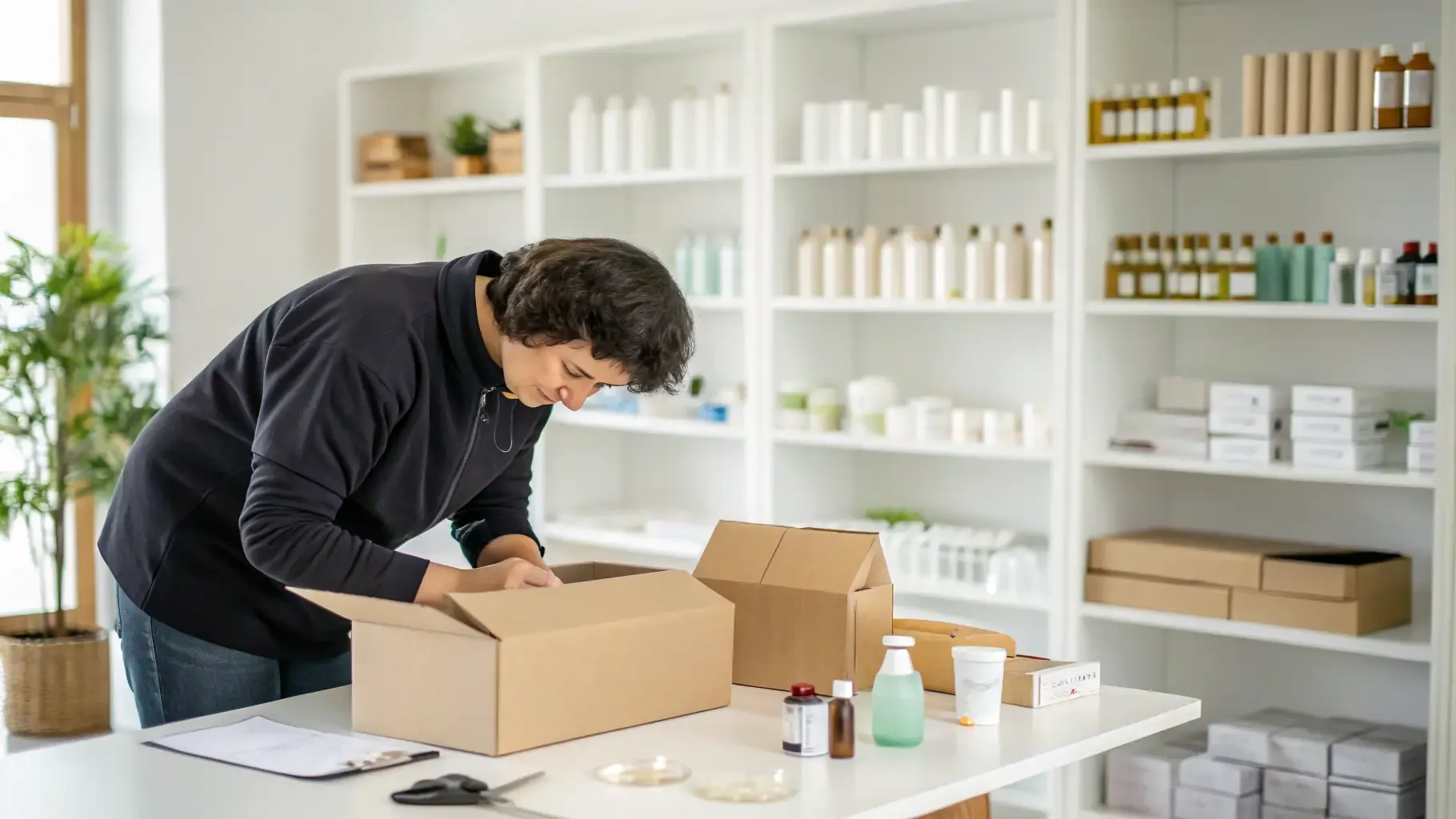 Associate packing wellness products from shelves stocked with bottles and containers