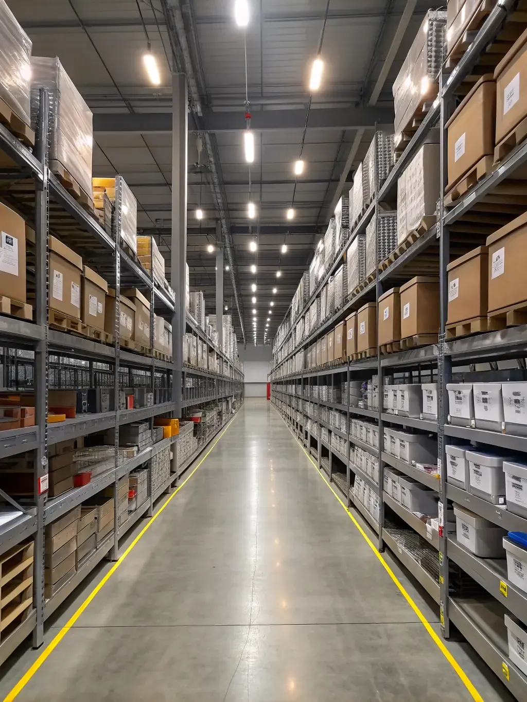 Secure warehouse aisle with tall shelving and organized, stored inventory