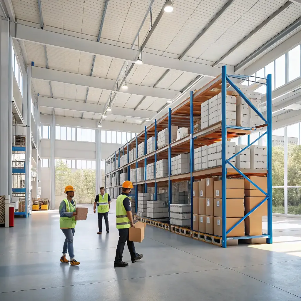Warehouse team carrying boxes between blue pallet racks in a Southern California fulfillment center