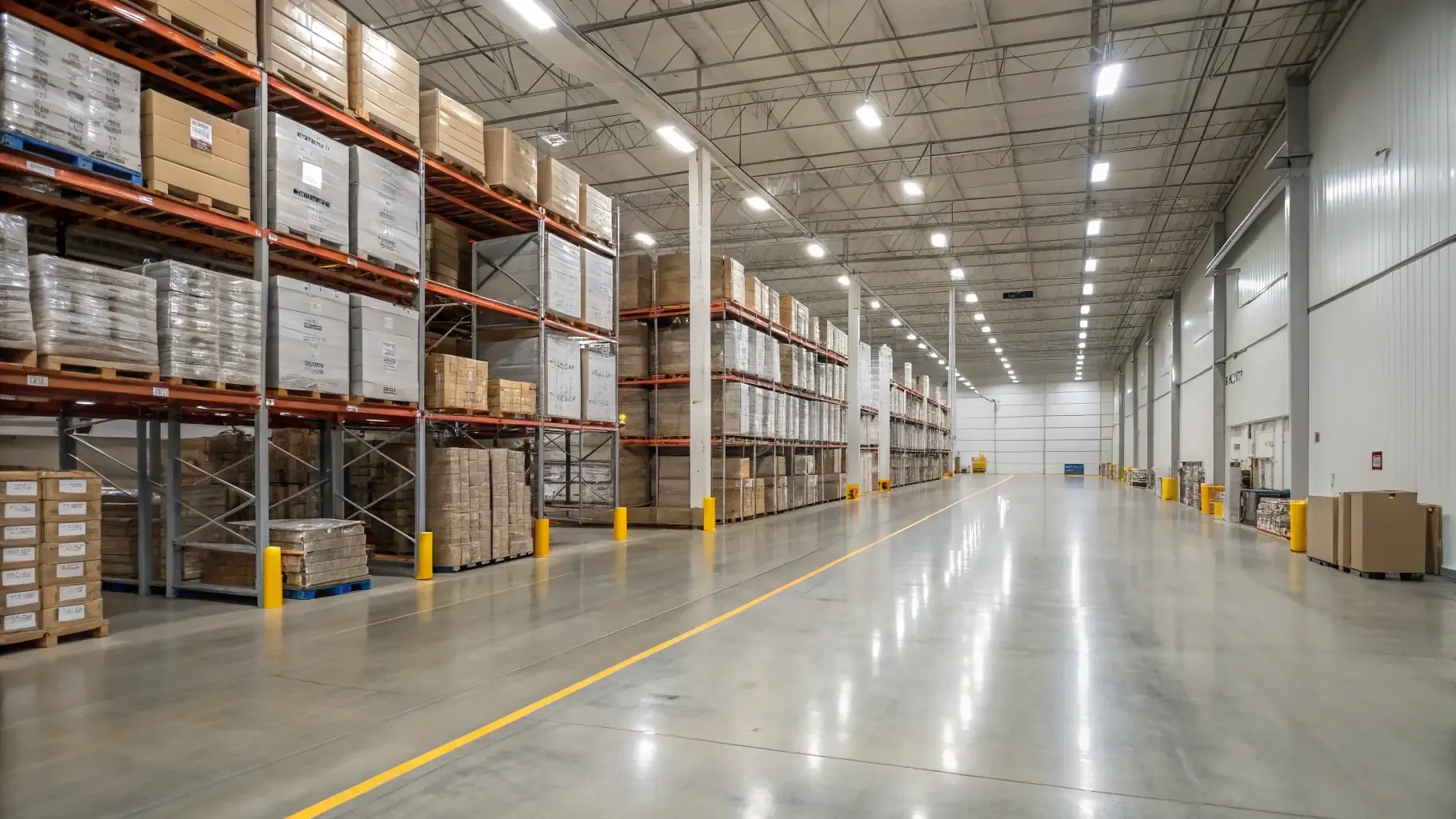 Modern Southern California warehouse with tall pallet racking and a clean, well-lit aisle