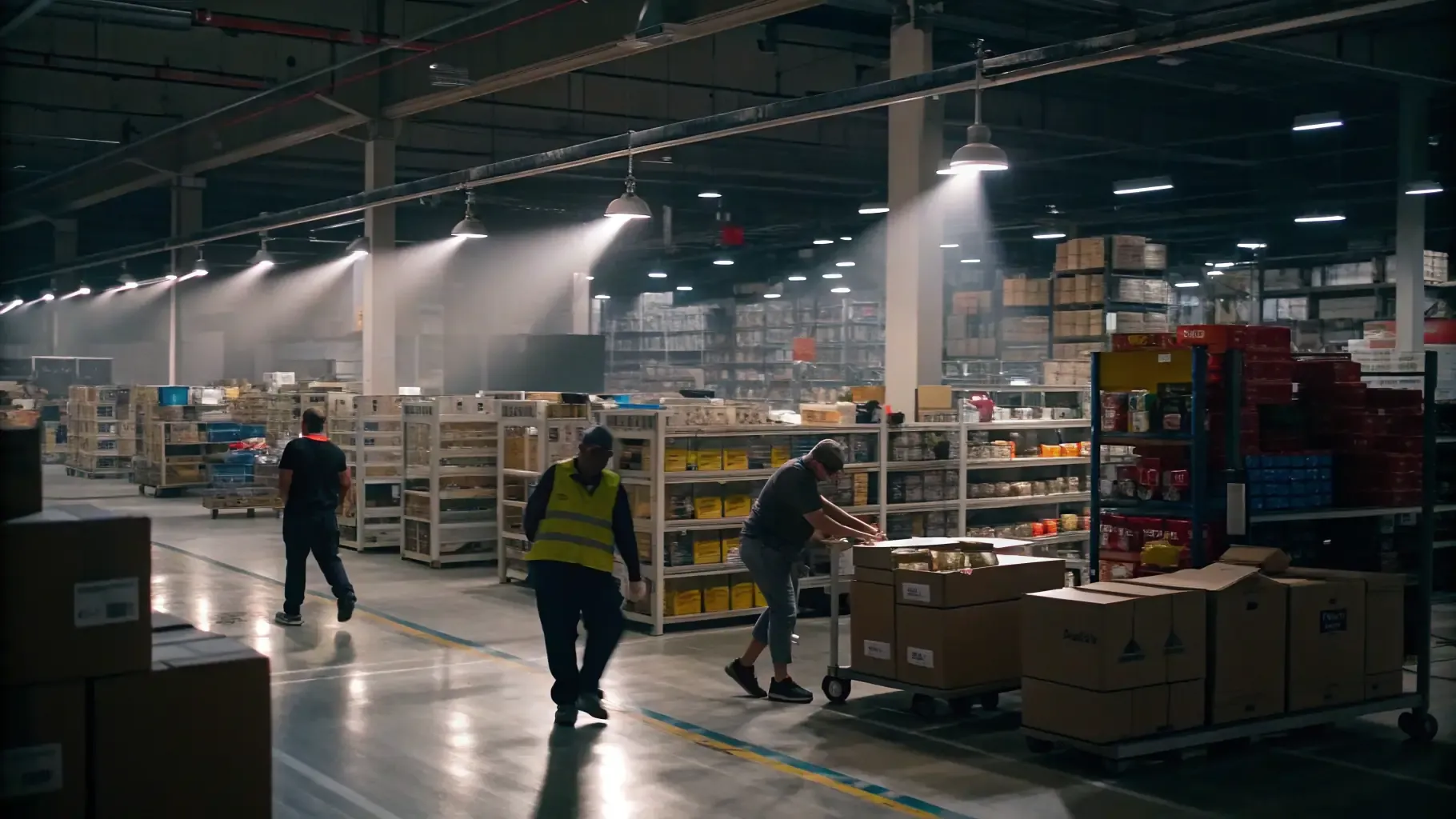 Warehouse associates moving orders across a busy fulfillment center floor