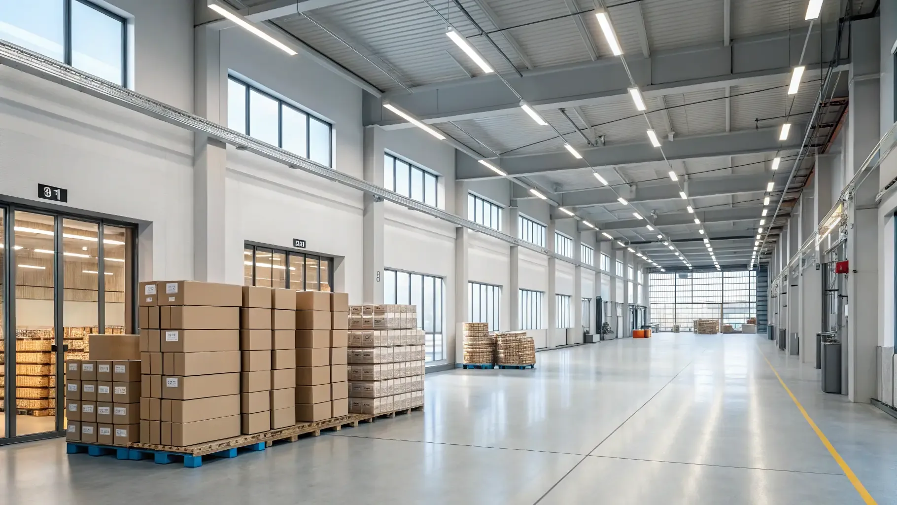 Bright, modern Southern California warehouse with pallets of boxed inventory