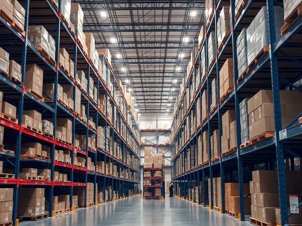 Warehouse aisle with tall pallet racking stocked with boxed inventory