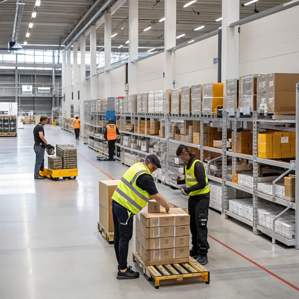 Warehouse associates moving boxed inventory through a fulfillment center