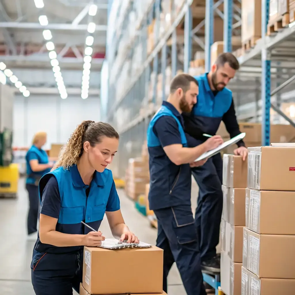 KLS Fulfillment warehouse team checking inventory and packages on the warehouse floor