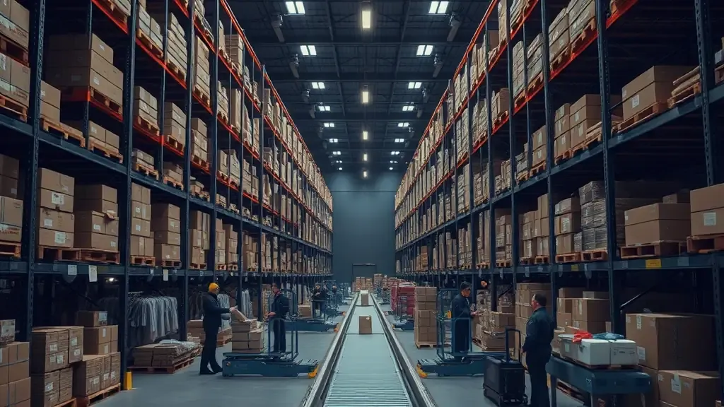 High-bay distribution warehouse with a conveyor line moving wholesale orders