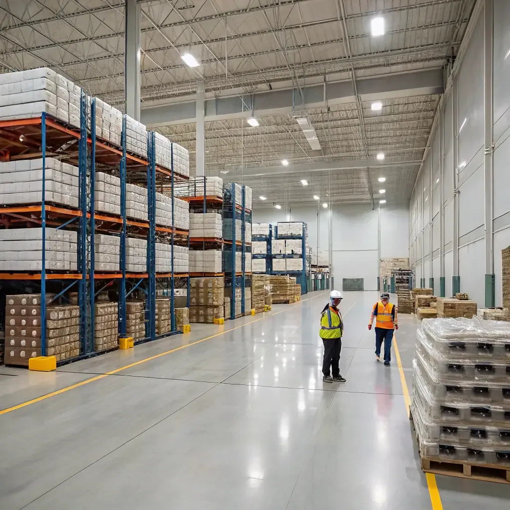 Warehouse aisle with pallet racking stocked for bulk wholesale orders