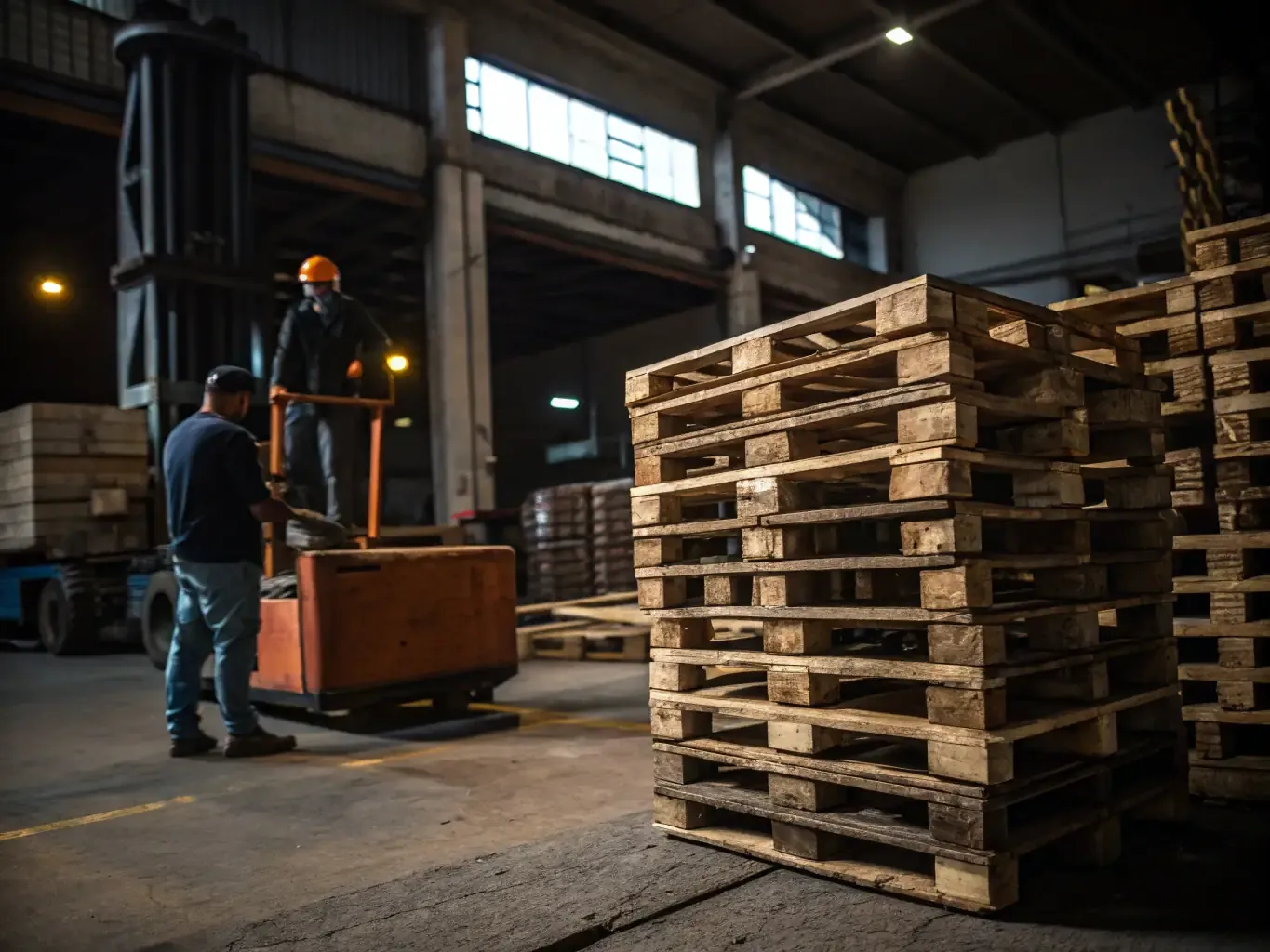 Stacks of wooden pallets ready for wholesale distribution in a warehouse