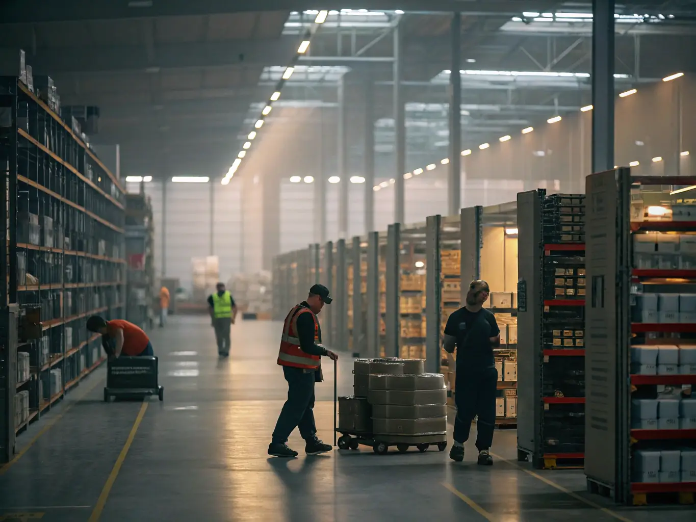 A bustling warehouse scene with workers efficiently picking, packing, and shipping orders, emphasizing speed and accuracy.