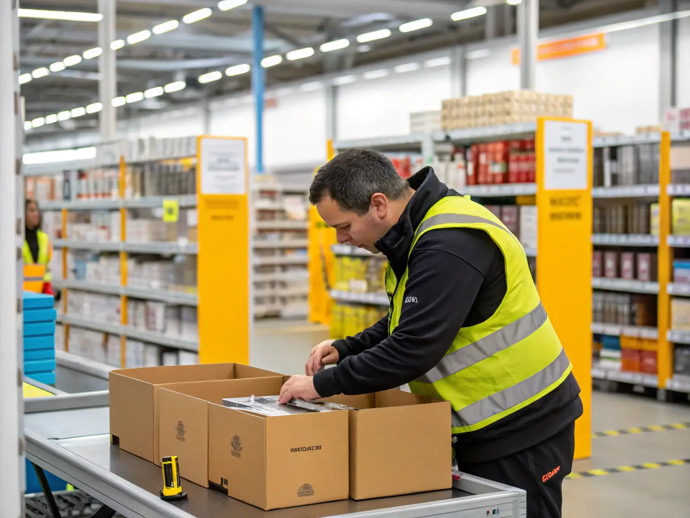 A warehouse worker packing an online order with branded packaging, highlighting speed and accuracy, showcasing KLS Fulfillment's e-commerce fulfillment service.