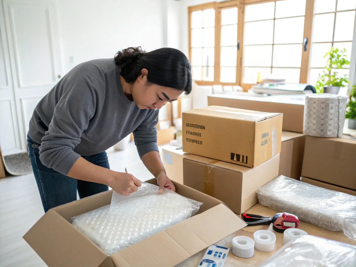 A worker applying labels and assembling product kits in a clean, organized workspace, demonstrating KLS Fulfillment's value-added services.